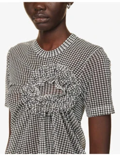 Check-patterned Ruched-appliqué Regular-fit Woven Top -Ted Baker Store R04127327 BLACKXWHITE ALT04