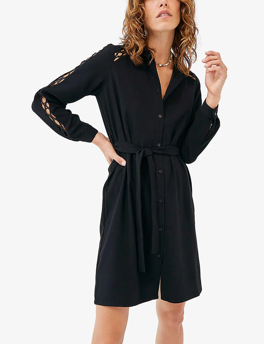 Ikks Ladder-stitch Belted Woven Mini Shirt Dress 4 Ikks Ladder-stitch Belted Woven Mini Shirt Dress - Image 2