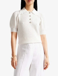 Ted Baker Reannia Textured Stretch-knit Polo Top -Ted Baker Store R04134634 WHITE ALT02