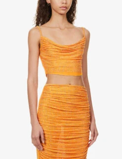 SELF PORTRAIT Crystal-embellished Cowl-neck Stretch-woven Top 9 SELF PORTRAIT Crystal-embellished Cowl-neck Stretch-woven Top -Ted Baker Store R04137722 ORANGE ALT02