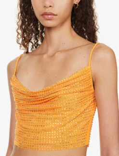 SELF PORTRAIT Crystal-embellished Cowl-neck Stretch-woven Top 11 SELF PORTRAIT Crystal-embellished Cowl-neck Stretch-woven Top -Ted Baker Store R04137722 ORANGE ALT04