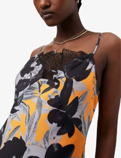AllSaints Eldia Alessandra Floral-print Recycled-polyester Midi Dress -Ted Baker Store R04140667 CITRUSORANGE ALT02
