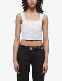 THE KOOPLES Buttoned Stretch-satin Cropped Top -Ted Baker Store R04140794 GRN73 ALT02