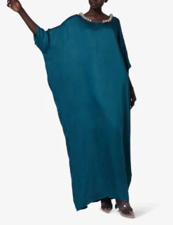 Beaded-trim Satin Maxi Kaftan -Ted Baker Store R04141960 PETROLEUM ALT02