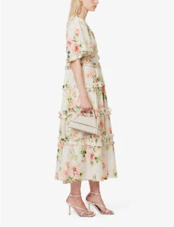 Harlequin Rose Floral-print Organic-cotton Midi Dress -Ted Baker Store R04143943 MOONSHINE ALT01