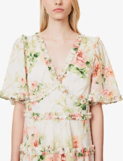 Harlequin Rose Floral-print Organic-cotton Midi Dress -Ted Baker Store R04143943 MOONSHINE ALT04