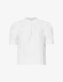 FRAME Ruffle-trim Puffed-sleeve Cotton Top
