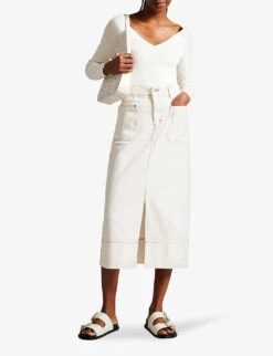 Ted Baker Jomana High-waisted Front-slit Stretch-denim Midi Skirt -Ted Baker Store R04146901 IVORY ALT01