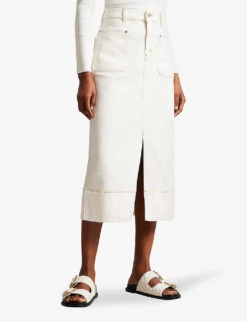 Ted Baker Jomana High-waisted Front-slit Stretch-denim Midi Skirt -Ted Baker Store R04146901 IVORY ALT02