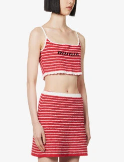Miu Miu Logo-embroidered Striped Cotton-blend Top -Ted Baker Store R04149736 ROSSOBIANCO ALT02