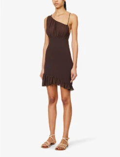 FRAME X Julia Sarr Jamois Asymmetric-neck Silk And Woven Mini Dress -Ted Baker Store R04149886 CHOCOLATEBROWN ALT02