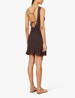 FRAME X Julia Sarr Jamois Asymmetric-neck Silk And Woven Mini Dress -Ted Baker Store R04149886 CHOCOLATEBROWN ALT03