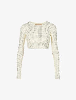 Spara Crystal-embellished Cropped Stretch-woven Top