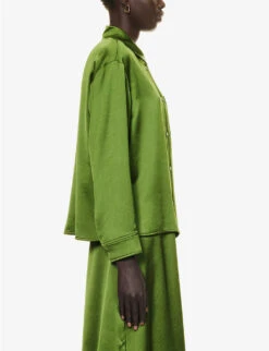 Weekend Max Mara Carioca Collar Button-cuff Satin Shirt -Ted Baker Store R04151186 GREEN ALT02
