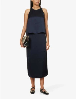 THEORY Mid-rise Split-hem Satin Midi Skirt -Ted Baker Store R04152409 DEEPNAVY ALT01