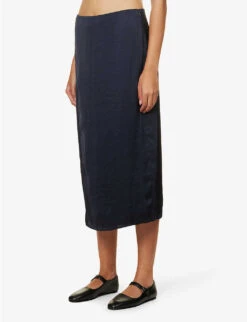 THEORY Mid-rise Split-hem Satin Midi Skirt -Ted Baker Store R04152409 DEEPNAVY ALT02