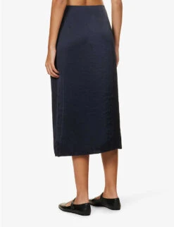 THEORY Mid-rise Split-hem Satin Midi Skirt -Ted Baker Store R04152409 DEEPNAVY ALT03