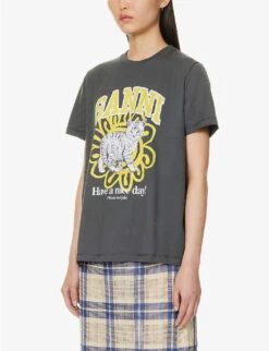 Ganni Logo Graphic-print Organic Cotton-jersey T-shirt -Ted Baker Store R04152887 VOLCANICASH ALT02