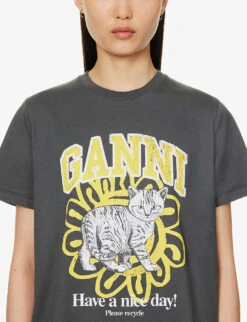 Ganni Logo Graphic-print Organic Cotton-jersey T-shirt -Ted Baker Store R04152887 VOLCANICASH ALT04