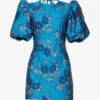 Ganni Puffed-sleeve Open-back Floral-jacquard Woven Mini Dress -Ted Baker Store R04152899 BRILLIANTBLUE M