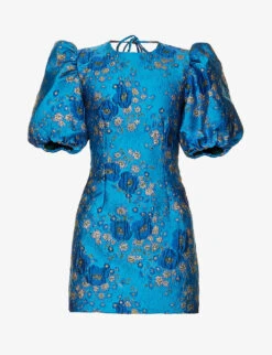 Ganni Puffed-sleeve Open-back Floral-jacquard Woven Mini Dress
