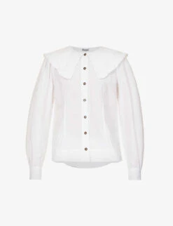 Ganni Wide-collar Ruffle-trim Organic-cotton Shirt