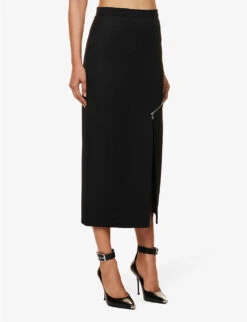 Alexander McQueen Split-hem Zip-embellished Wool Midi Skirt -Ted Baker Store R04153265 BLACK ALT02