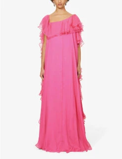 Alexander McQueen Frill-trim One-shoulder Silk Maxi Dress -Ted Baker Store R04153266 PSYCHEDELICPINK ALT02