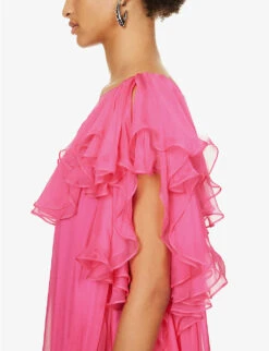 Alexander McQueen Frill-trim One-shoulder Silk Maxi Dress -Ted Baker Store R04153266 PSYCHEDELICPINK ALT04
