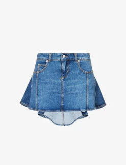 Alexander McQueen Asymmetric-hem Logo-patch Stretch-denim Mini Skirt