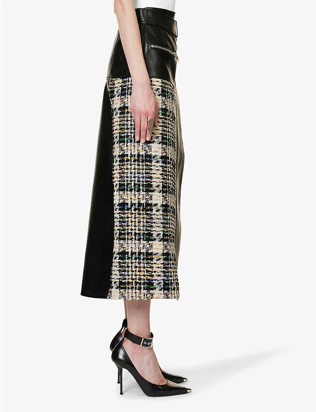 Alexander McQueen Contrast-panel Tweed And Leather Midi Skirt 5 Alexander McQueen Contrast-panel Tweed And Leather Midi Skirt - Image 3
