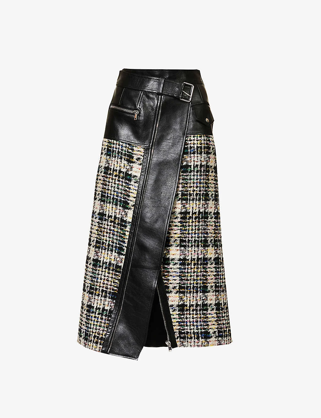 Alexander McQueen Contrast-panel Tweed And Leather Midi Skirt 3 Alexander McQueen Contrast-panel Tweed And Leather Midi Skirt