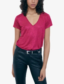 Ikks V-neck Short-sleeved Linen T-shirt -Ted Baker Store R04156271 PURPLE ALT02