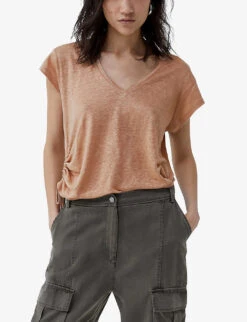 Ikks V-neck Regular-fit Linen T-shirt -Ted Baker Store R04156324 DARKBEIGE ALT02