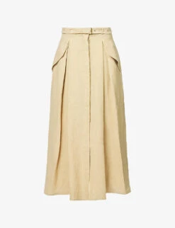 Belted Split-hem Linen Midi Skirt
