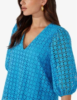 Broderie-anglaise V-neck Cotton Top -Ted Baker Store R04161725 BLUE ALT02