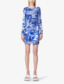 MOSCHINO Graphic-print Long-sleeved Stretch-cotton Mini Dress -Ted Baker Store R04162974 FANTASYPRINTBLUE ALT02