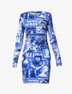 MOSCHINO Graphic-print Long-sleeved Stretch-cotton Mini Dress