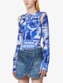 MOSCHINO Graphic-print Exposed-shoulder Stretch-cotton Body -Ted Baker Store R04162982 FANTASYPRINTBLUE ALT02