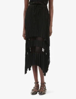 THE KOOPLES Sheer-panel Asymmetric-hem Woven Midi Skirt -Ted Baker Store R04164095 BLACK ALT02