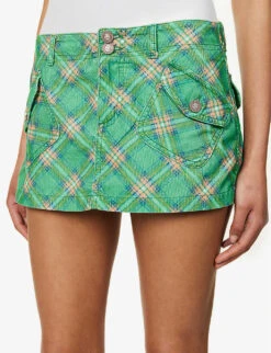 ERL Check-print Corduroy-embossed Cotton Mini Skirt -Ted Baker Store R04165348 ERLGREENPLAID ALT04
