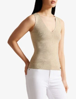 Ted Baker Metallic-thread Round-neck Stretch-knit Vest Top -Ted Baker Store R04166181 GOLD ALT02