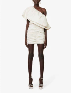 ROTATE Birger Christensen Ruched Asymmetric-neckline Recycled-polyester Mini Dress -Ted Baker Store R04166498 EGRET ALT02