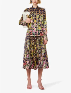 Floral-pattern High-waisted Regular-fit Satin Midi Skirt -Ted Baker Store R04171614 MIDNIGHTLATTICE ALT01