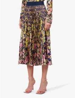 Floral-pattern High-waisted Regular-fit Satin Midi Skirt -Ted Baker Store R04171614 MIDNIGHTLATTICE ALT02