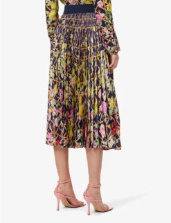 Floral-pattern High-waisted Regular-fit Satin Midi Skirt -Ted Baker Store R04171614 MIDNIGHTLATTICE ALT03