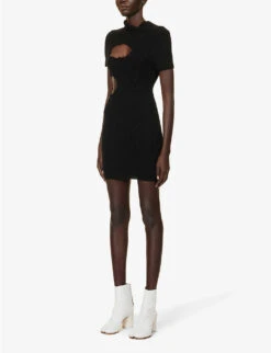 MM6 Maison Margiela Distressed Cut-out Slim-fit Cotton And Alpaca-blend Knitted Mini Dress -Ted Baker Store R04172520 BLACK ALT02