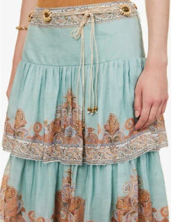 Zimmermann Devi Tiered-hem Ramie Midi Skirt -Ted Baker Store R04174581 MINTPAISLEY ALT04