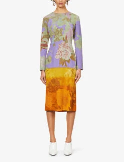 Dries Van Noten Floral-print Round-neck Silk-blend Midi Dress -Ted Baker Store R04180731 ORANGE ALT02
