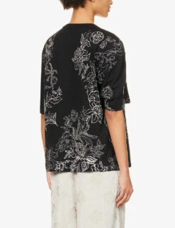 Dries Van Noten Brooch-embellished Floral-print Cotton T-shirt -Ted Baker Store R04180735 BLACK ALT03